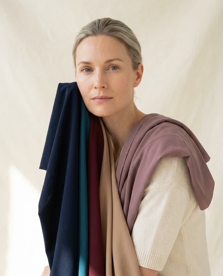 Fabric in deep, cool tones draped against a woman's face.