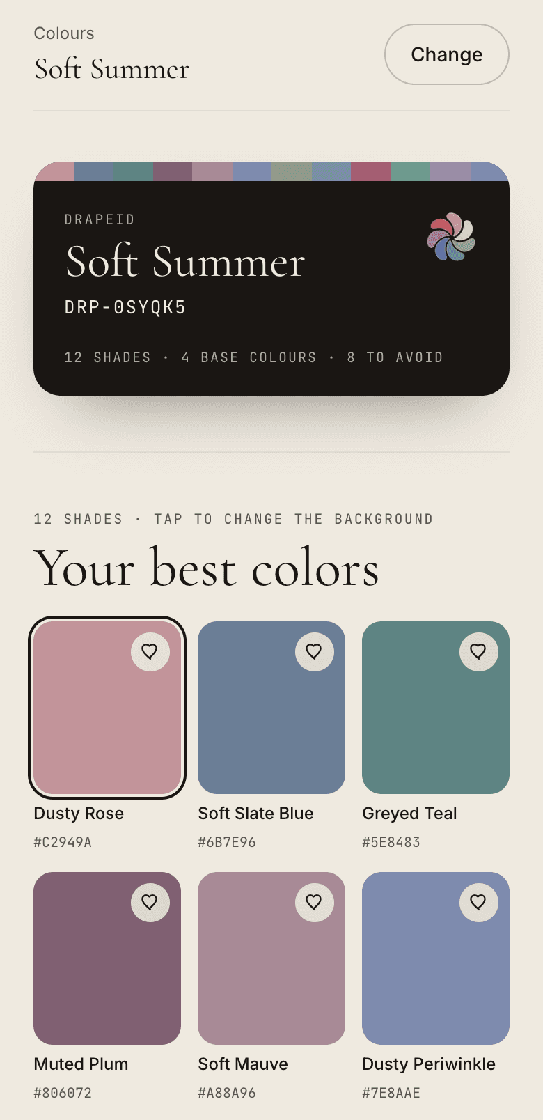 The result page on a phone: the DrapeID card and best colours, Soft Summer as the example.