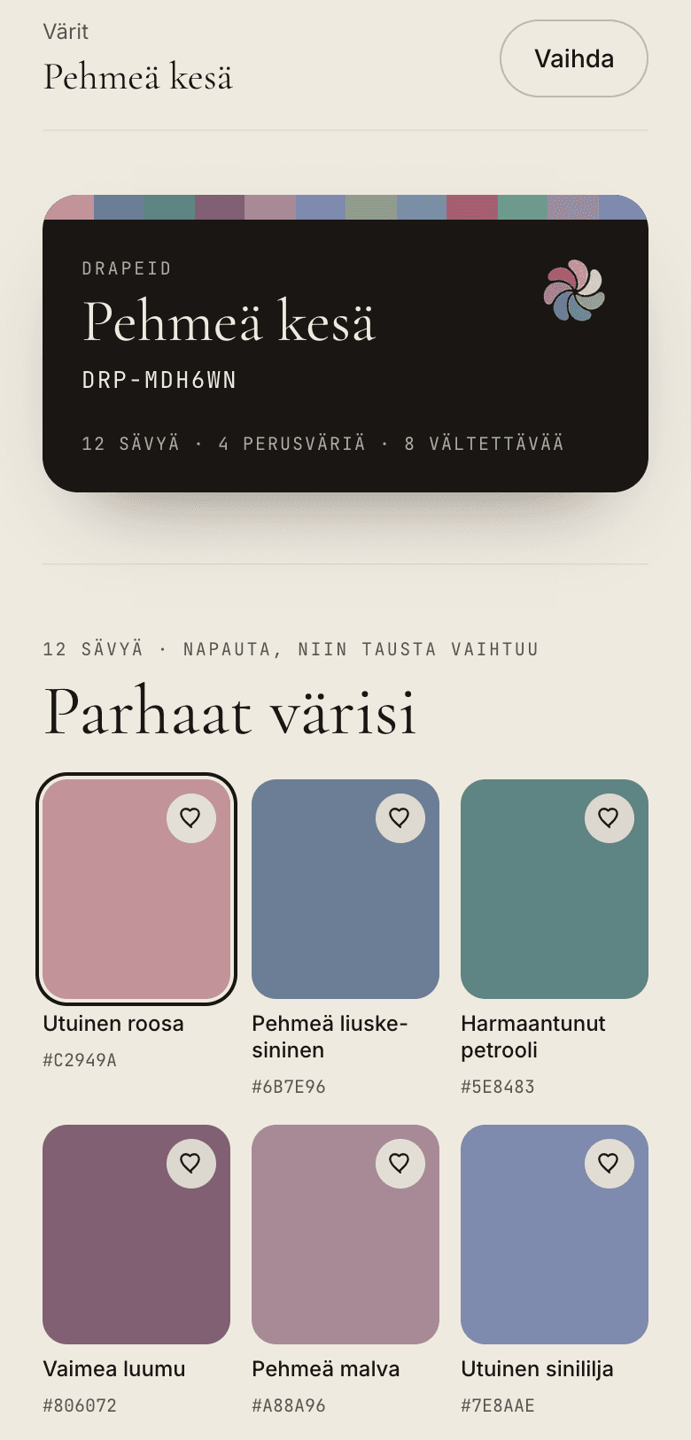 Tulossivu puhelimessa: DrapeID-kortti ja parhaat värit, esimerkkinä pehmeä kesä.
