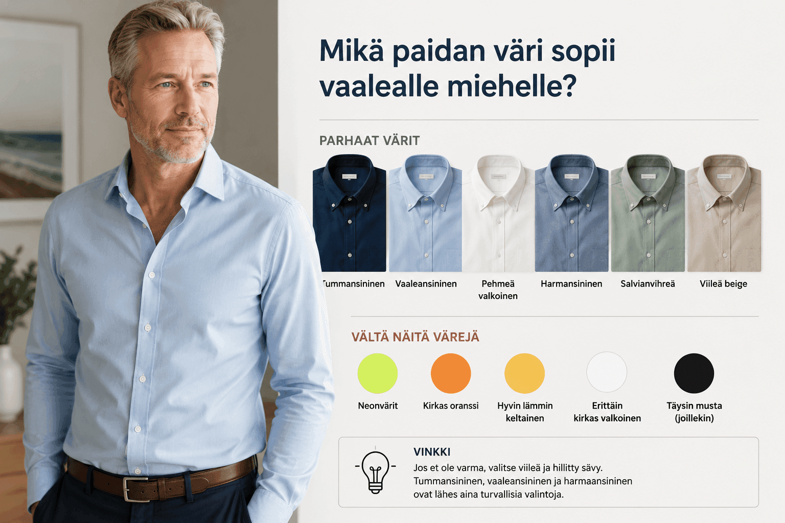 Infografiikka: vaalea mies vaaleansinisessä paidassa sekä parhaat ja vältettävät paidan värit vaalealle miehelle