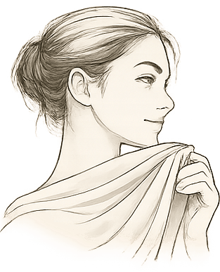 A woman holding fabric draped over her shoulder.